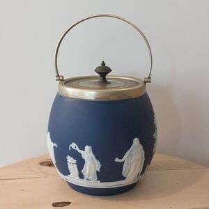 Antique Adams Of Tunstall Cobalt Blue Biscuit Barrel Jar With Metal Lid & Mount.